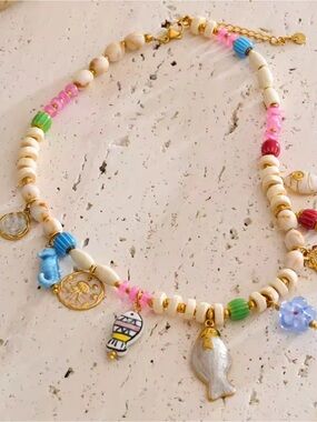 Beach Babes Multicolor Beaded Charm Necklace with Shell & Fish Pendants